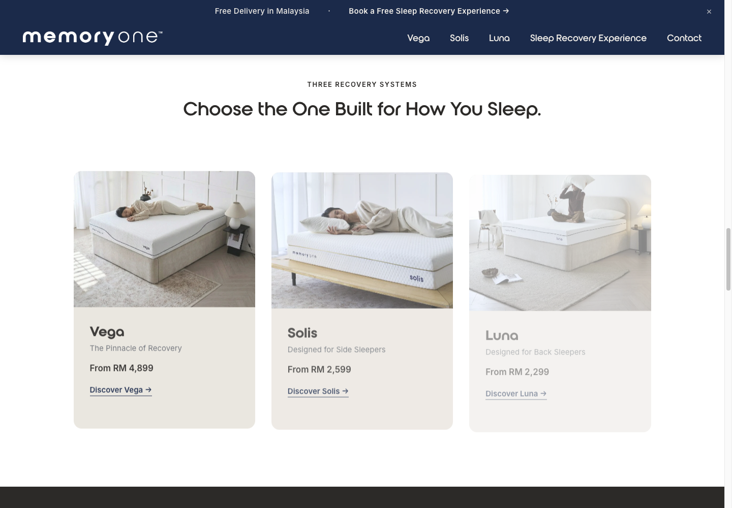 Homepage product cards ordered Vega, Solis, Luna with cropped mattress-focused photos