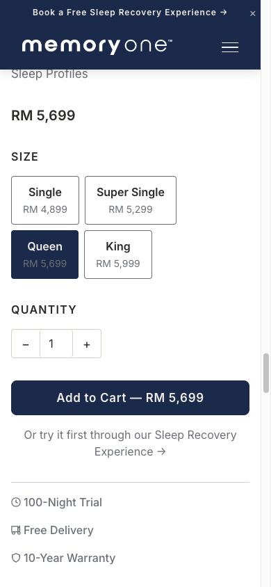 Mobile Vega purchase panel showing trust row under add to cart